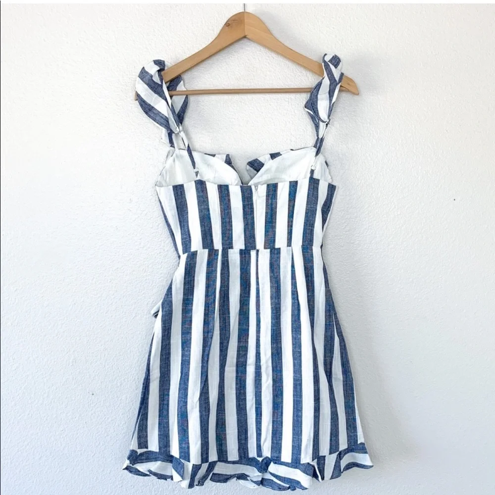 Saints + Secrets Stripes Denim Sweetheart Faux Wrap Dress Blue White Ruffle Mini - Picture 4 of 15